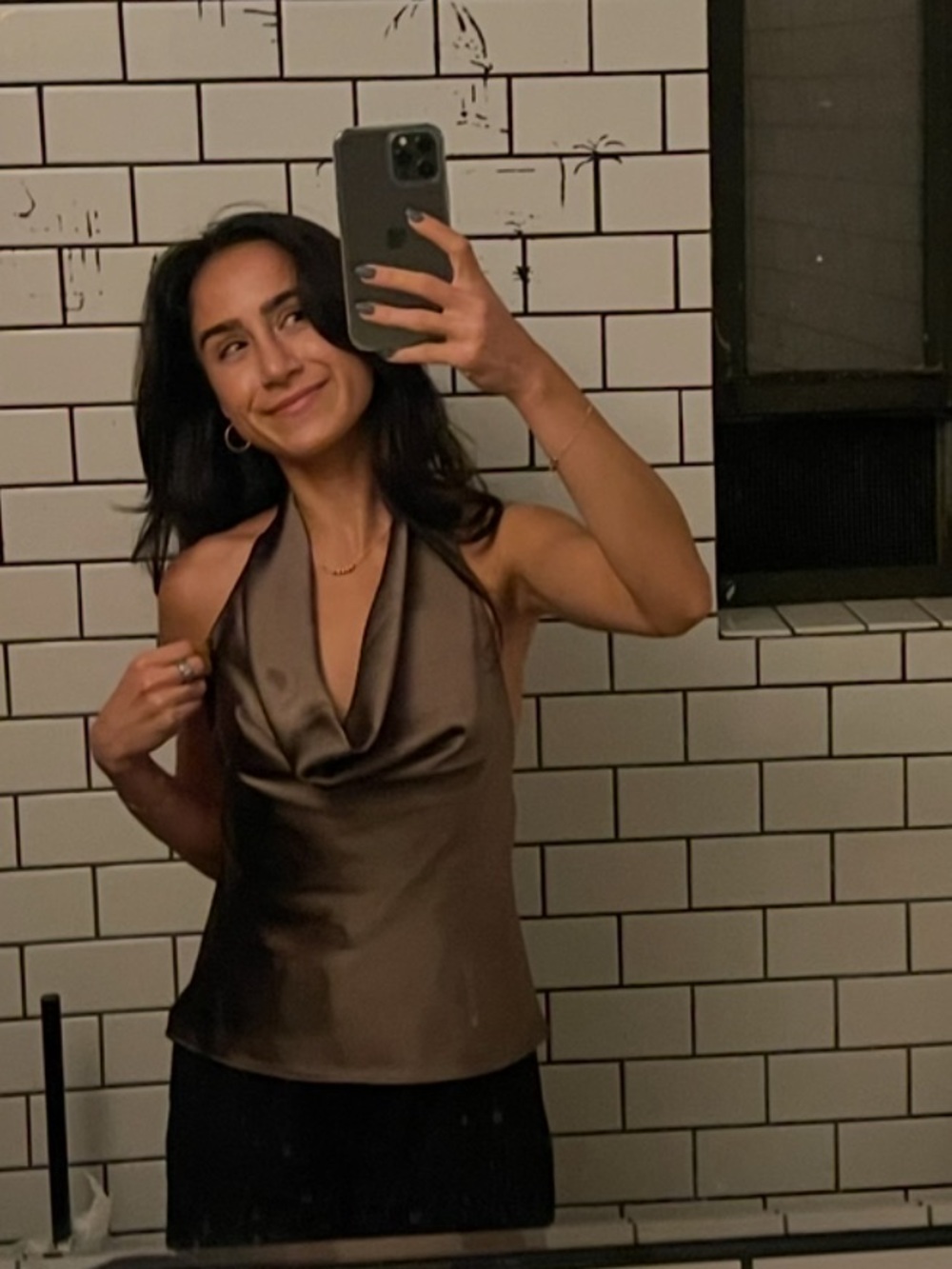 Satin Effect Cowl Neck Halter Top in Brown